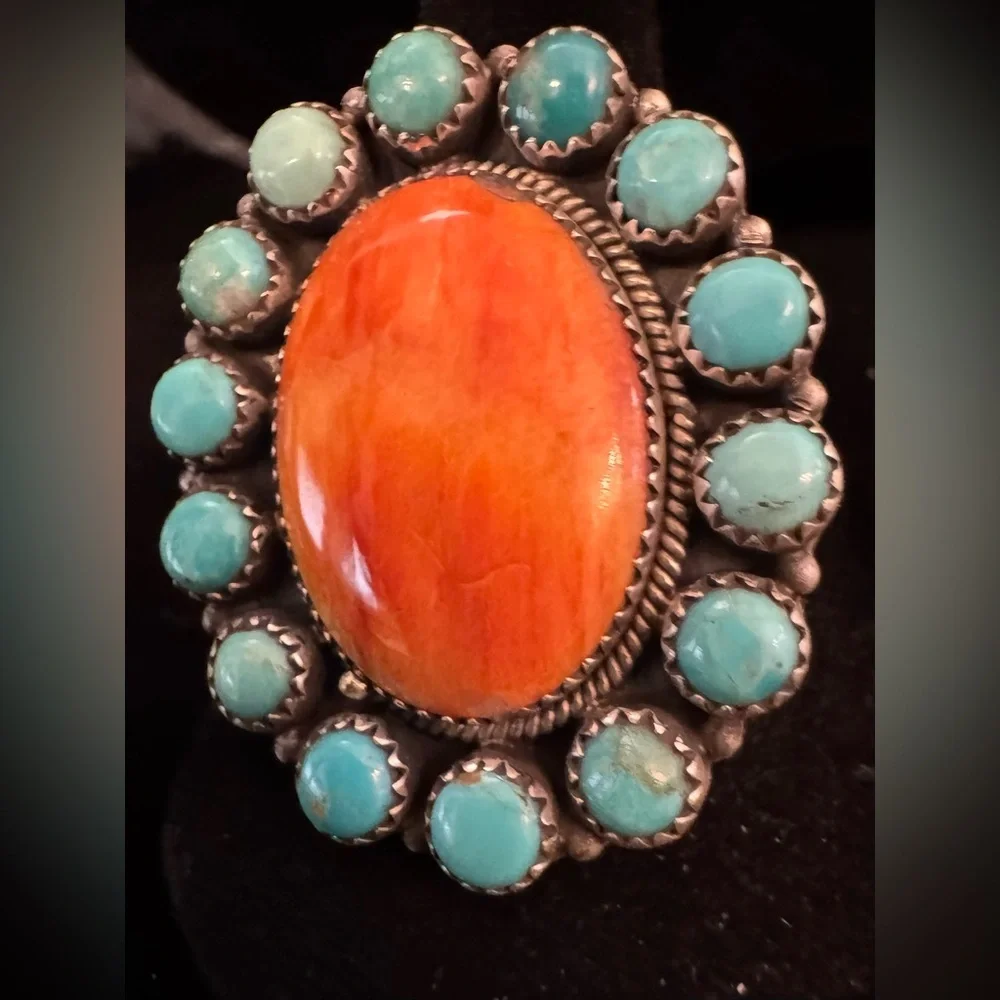 Spiny oyster Orange &‎ genuine, Kingman Turquoise Statement Ring sterling silver